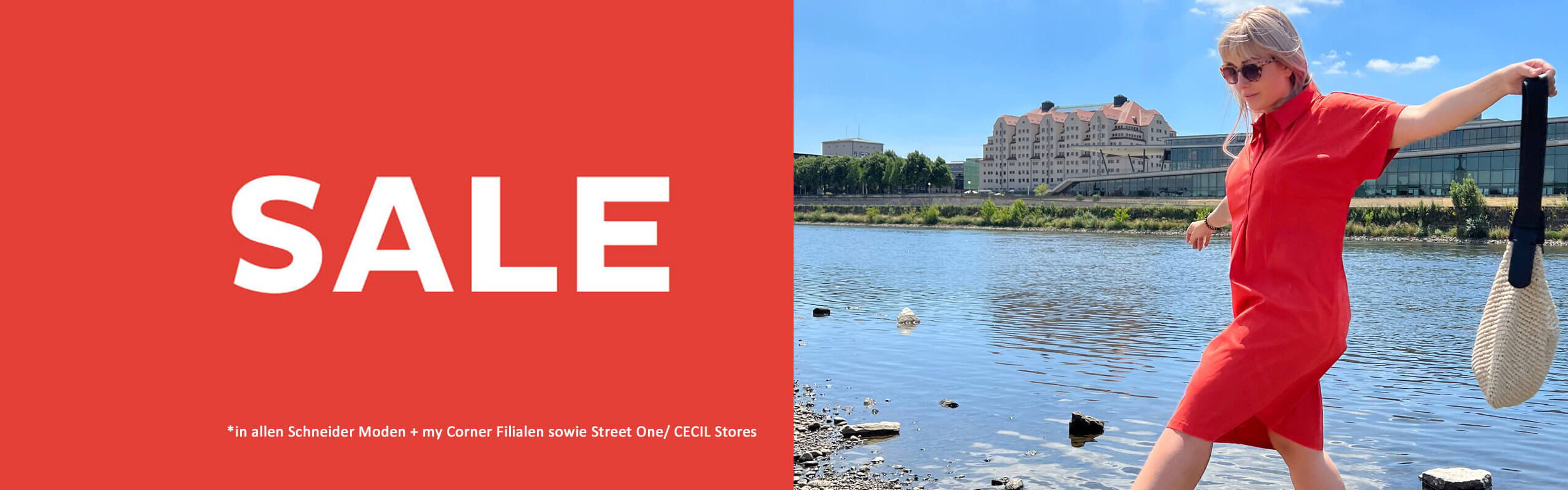 Sale-Banner kombiniert mit einem Foto einer Frau in rotem Kleid am Fluss.