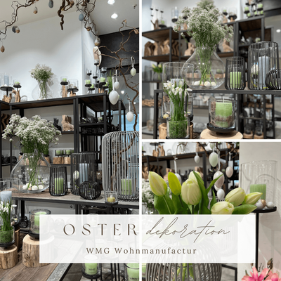 Osterdekorationen und Wohnaccessoires mit Blumen, Grün und Glasvasen in einer Boutique.
